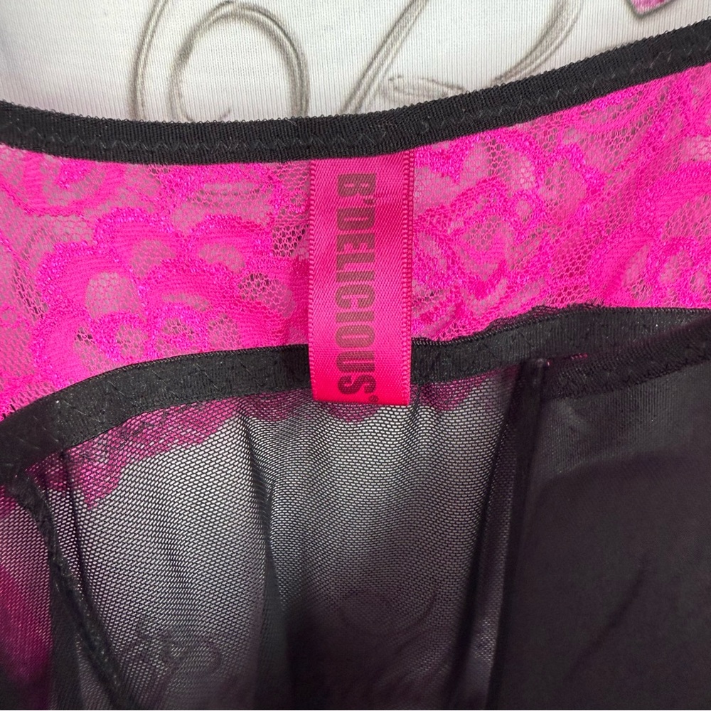 B delicious mini dress Sheer Black Chemise with Pink Lace Trim Elegant Nightwear - Picture 12 of 15